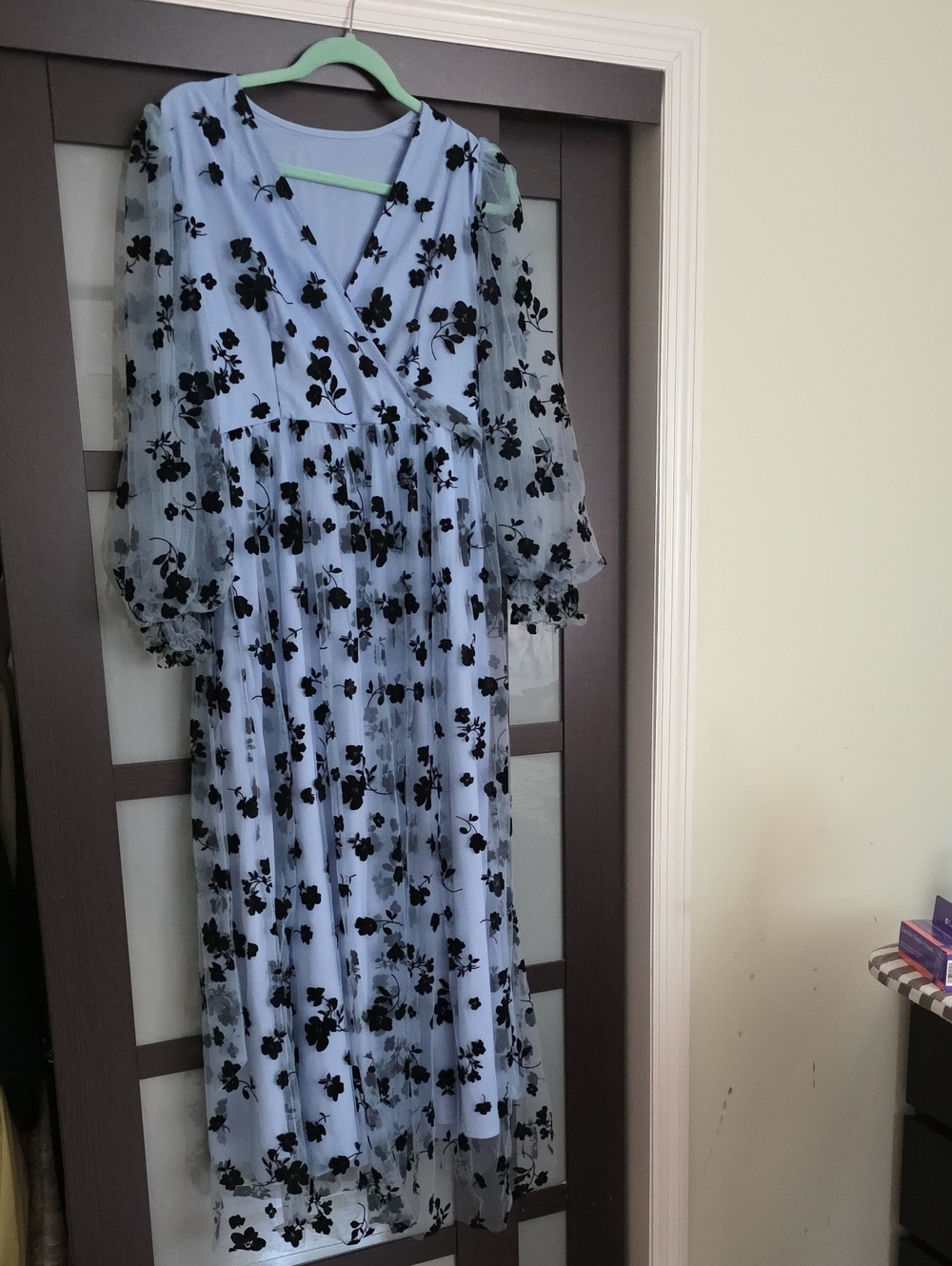 Light Blue Maxi Dress with Black Floral Velvet Burnout